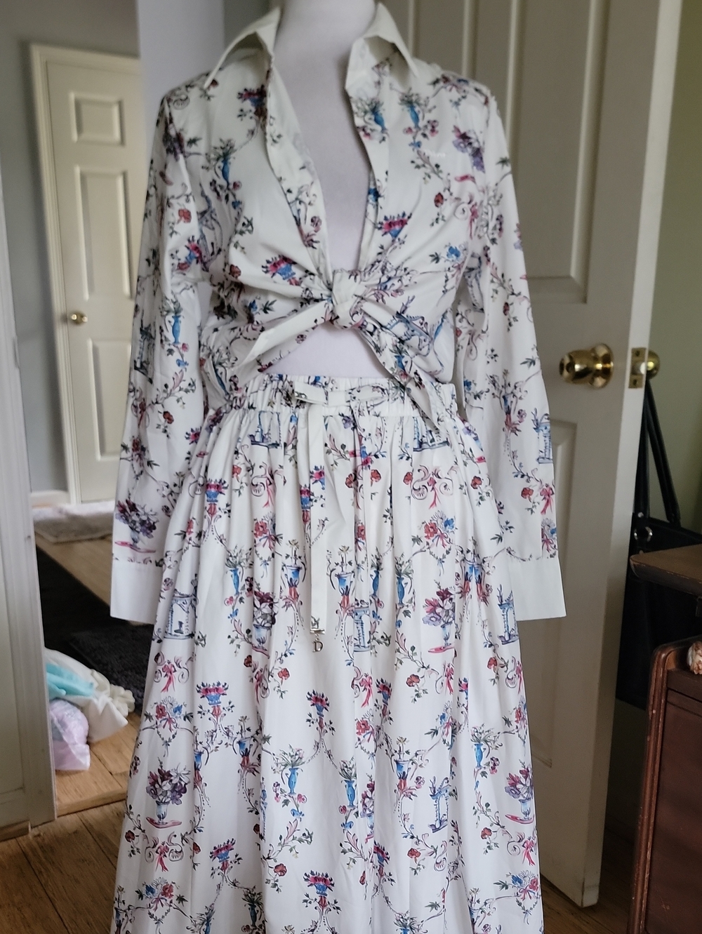 Dior Cream Floral Two-Piece Skirt Set with Blue and Pink Accents